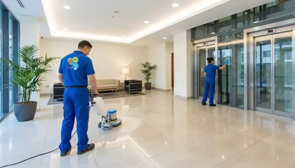 עובדי קלין פלוס מנקים לובי בניין מגורים בתל אביב