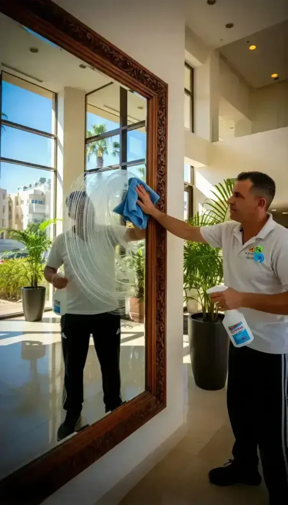 עובד של קלין פלוס מנקה מראה בלובי של בניין מגורים