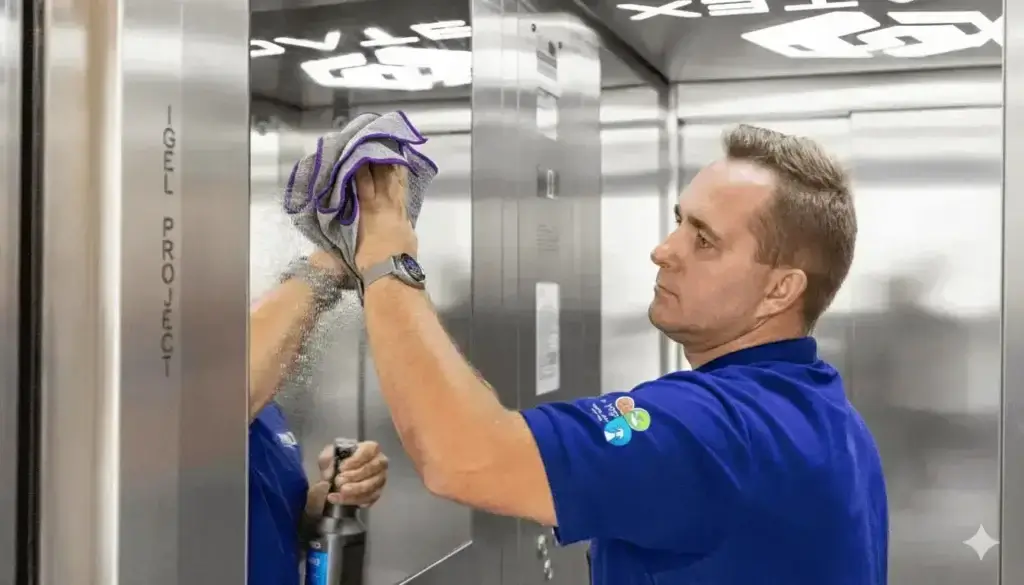 עובד ניקיון של קלין פלוס מנקה מעלית בבניין מגורים