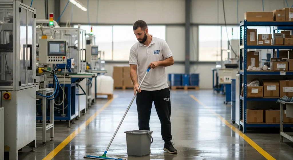 עובד קלין פלוס שוטף רצפת מפעל