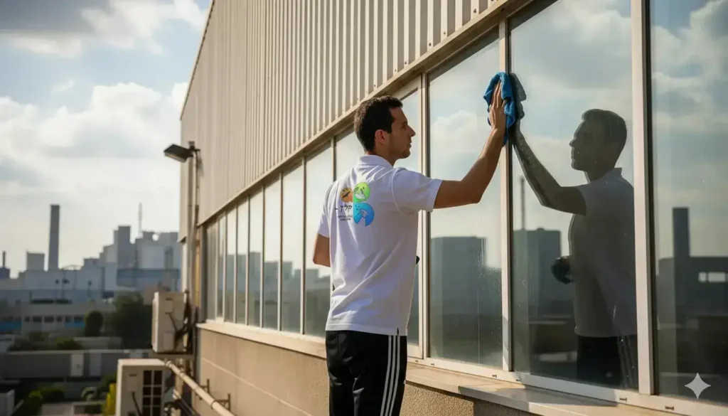 עובד של חברת קלין פלוס מנקה חלונות של מפעל